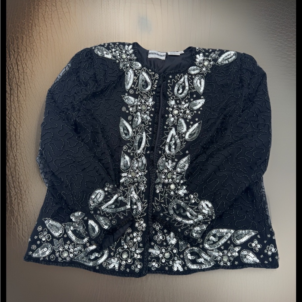 American Night jacket Women's Black Sequin Beaded Long Sleeve Glam Party Evening